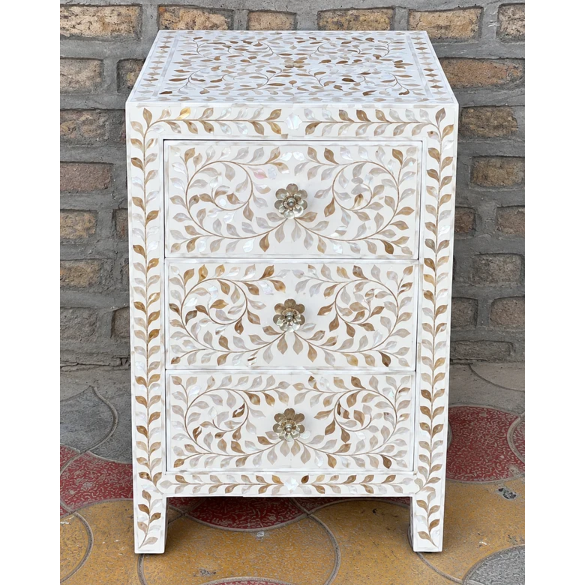 White Mother of Pearl Inlay Bedside Table – Handmade Floral 3 Drawer Nightstand