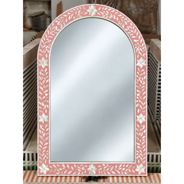 Pink Mother of Pearl Inlay Arch Mirror – Handmade Floral Wall Mirror