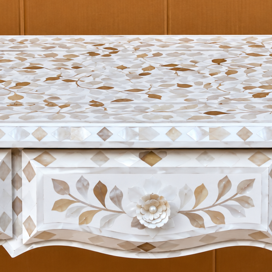 White Mother of Pearl Inlay Console Table with 3 Drawers – Handmade Floral Curved Leg Table