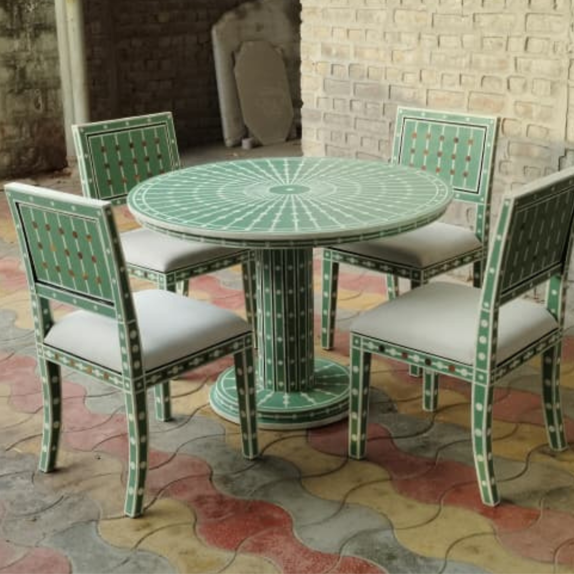 Bone Inlay Dining Table Handmade Luxury Dining Table Geometric Floral Inlay Table Wooden Dining Furniture Boho Chic Home