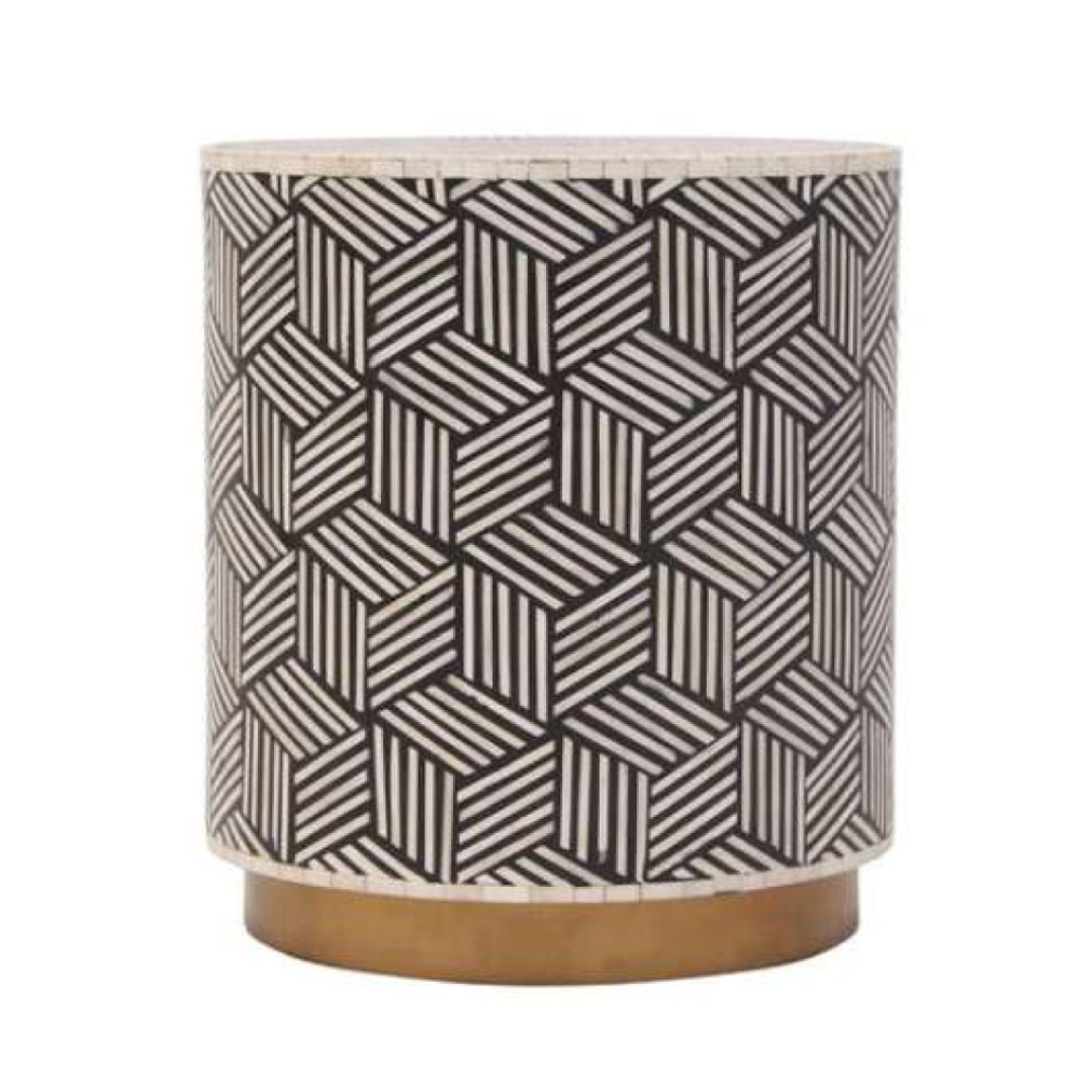Black White Stripe Bone Inlay End Table Handmade Geometric Cube Pattern Side Table Modern Furniture