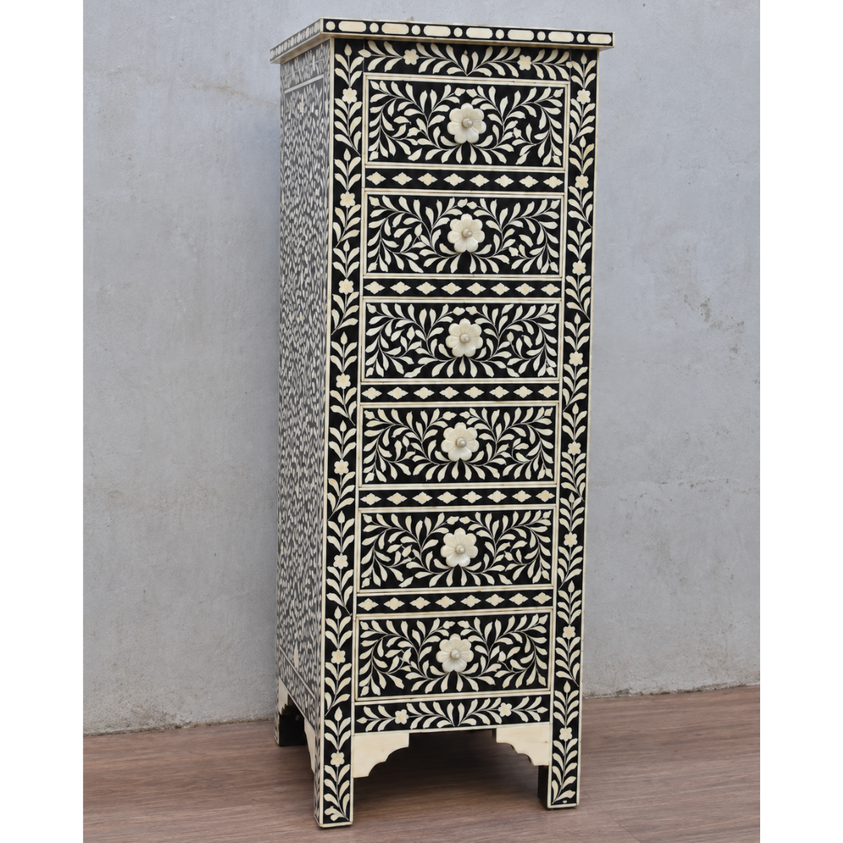Handmade Black Bone Inlay 6 Drawer Tallboy Chest – Floral Design