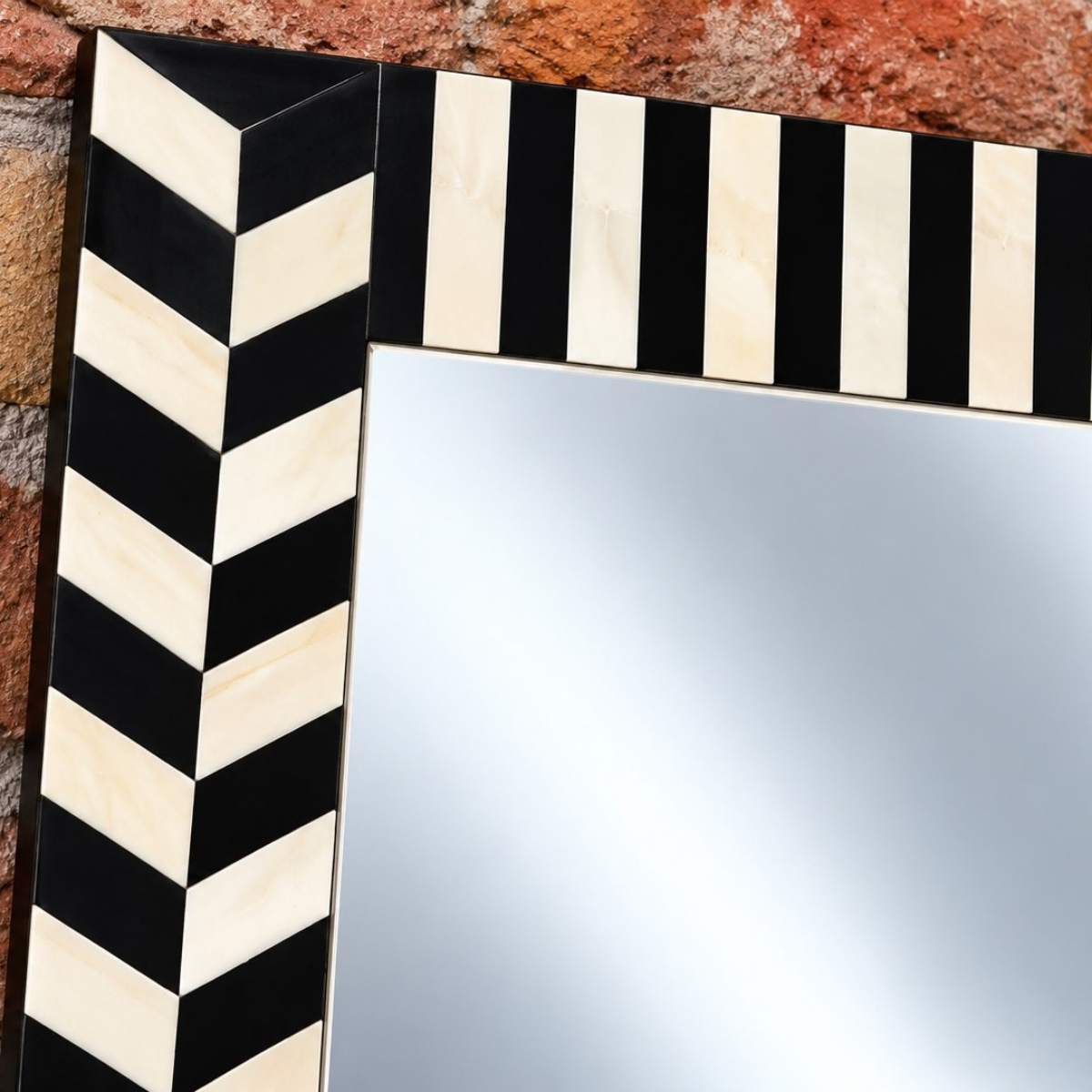 Handmade Black & White Bone Inlay Rectangular Mirror – Chevron & Stripe Design
