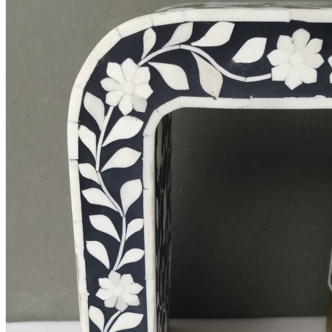 Black Bone Inlay Side Table – Handmade Floral Accent Stool