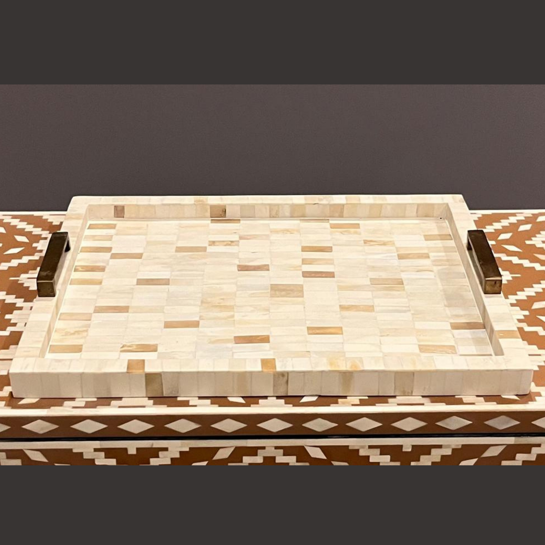 Handmade Natural Bone Inlay Serving Tray with Metal Handles
