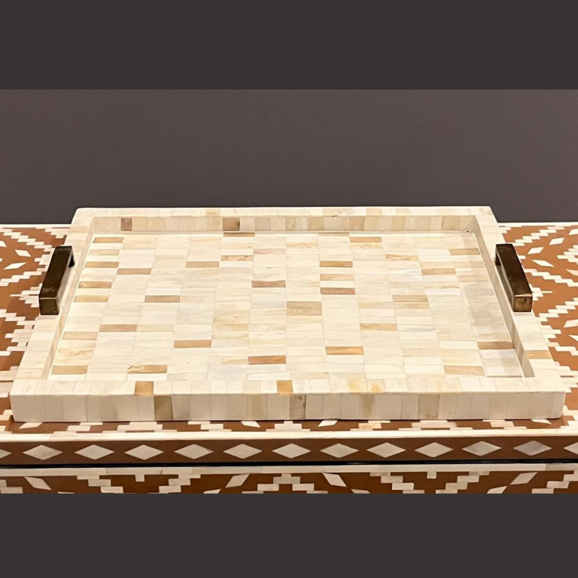 Handmade Natural Bone Inlay Serving Tray with Metal Handles