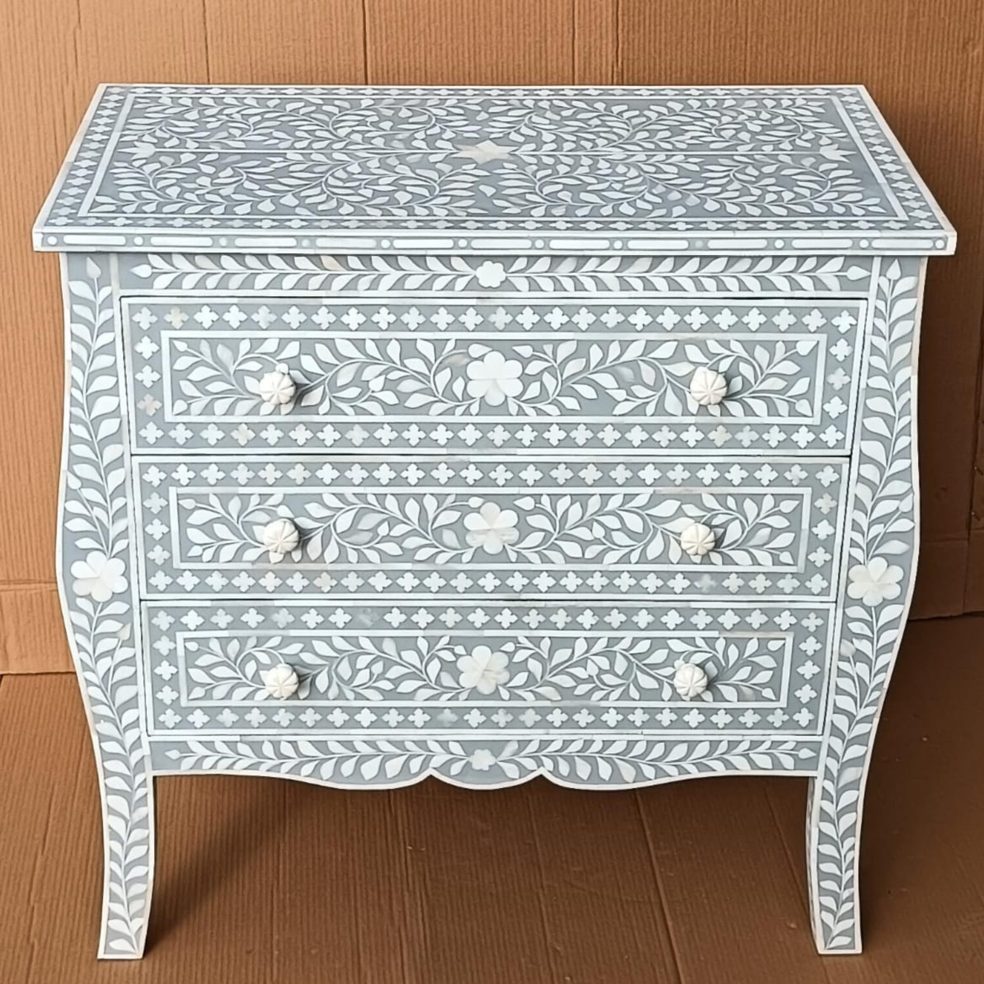 Handmade Grey Bone Inlay Sideboard Cabinet – Floral Pattern Storage Console