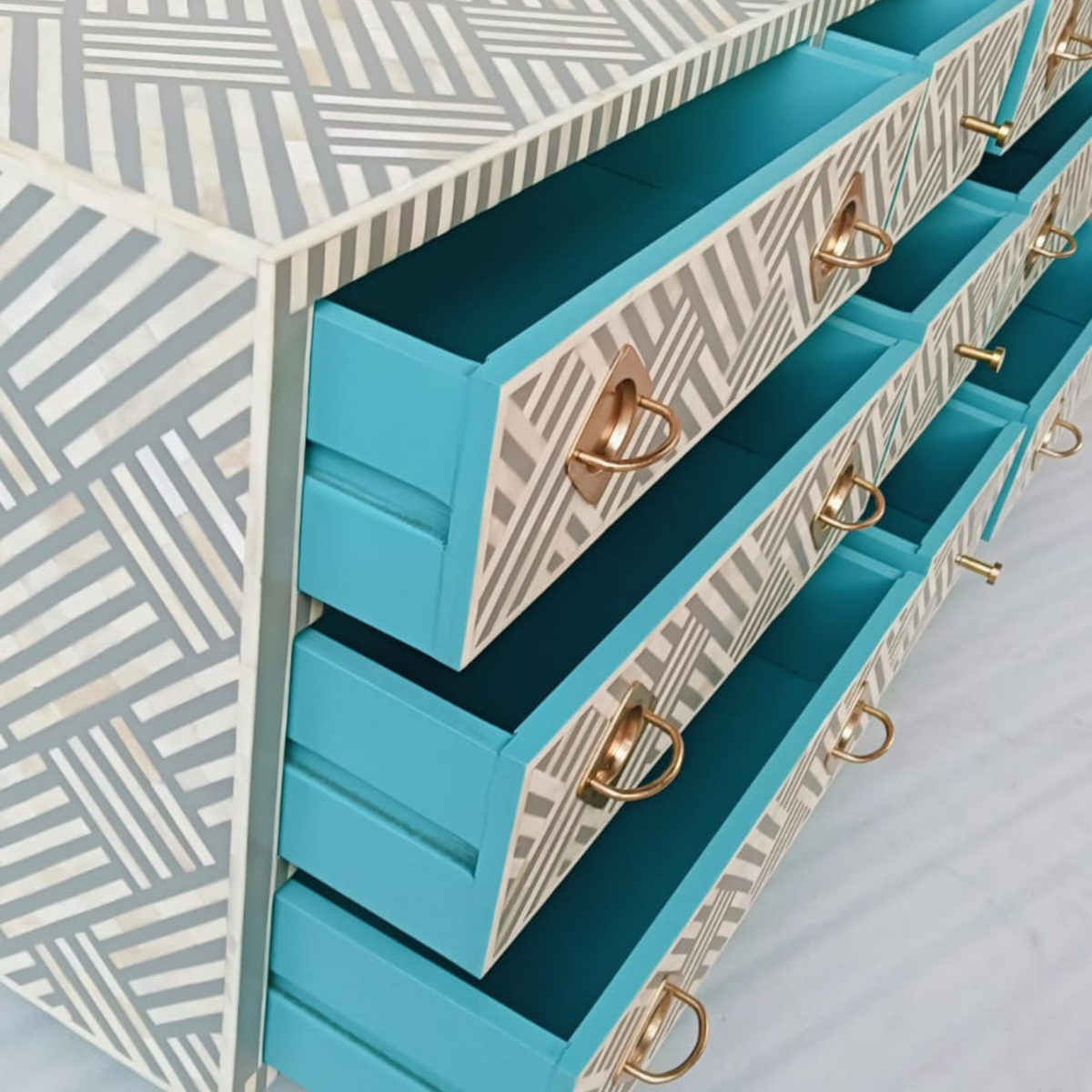Handmade Grey & White Bone Inlay Dresser – Geometric 9 Drawer Chest with Brass Handles