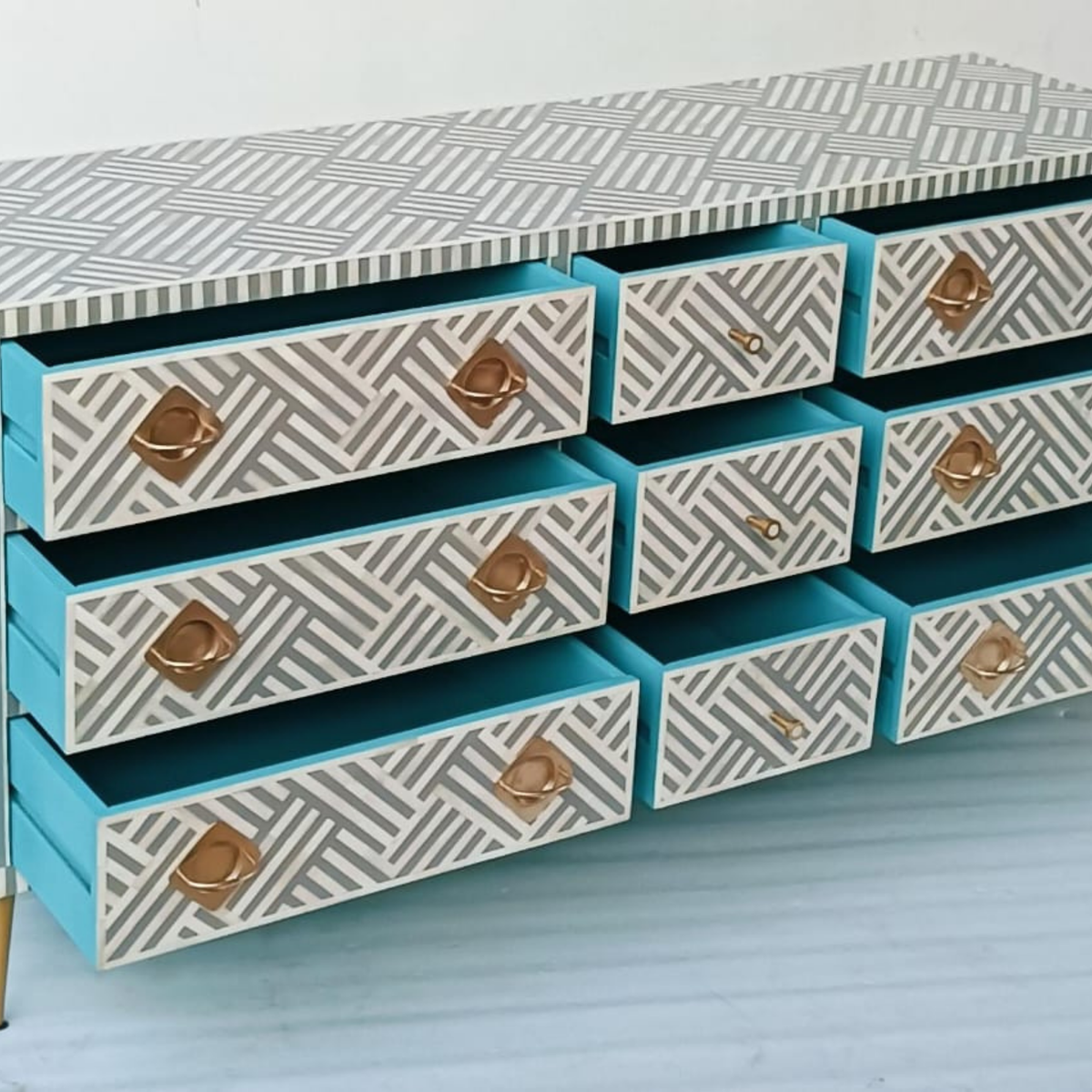 Handmade Grey & White Bone Inlay Dresser – Geometric 9 Drawer Chest with Brass Handles