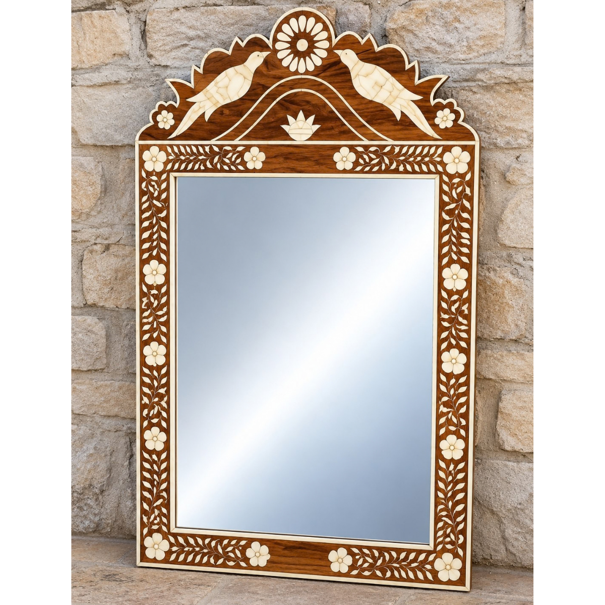 Handmade Brown Bone Inlay Mirror with Birds & Floral Design – Decorative Wall Mirror