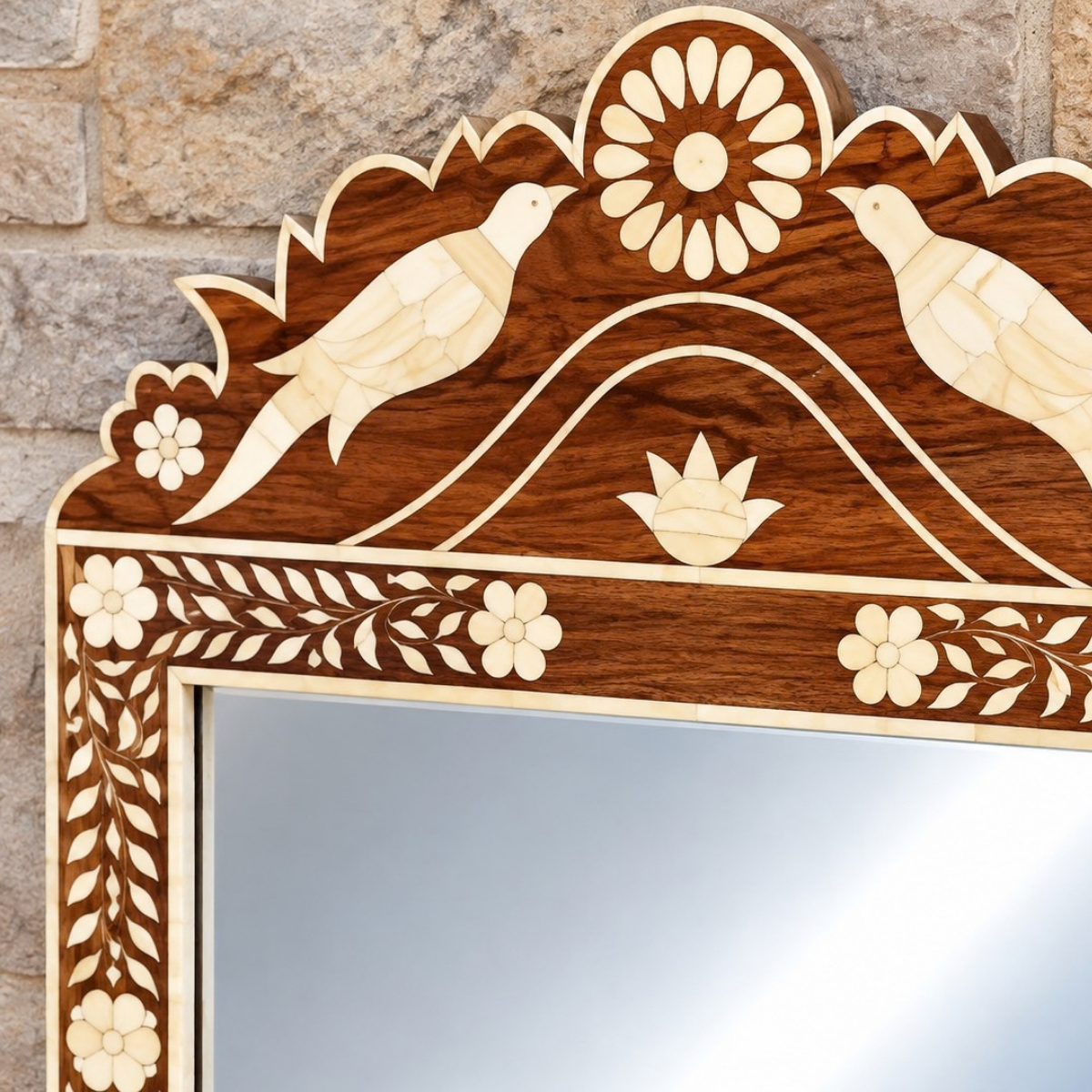 Handmade Brown Bone Inlay Mirror with Birds & Floral Design – Decorative Wall Mirror