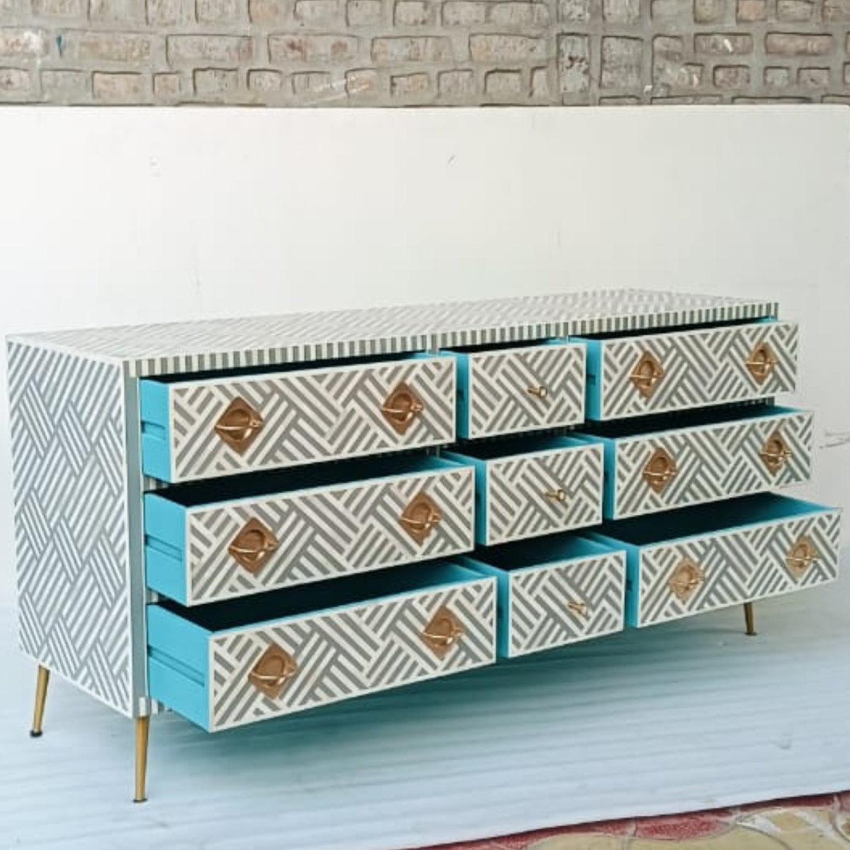 Handmade Grey & White Bone Inlay Dresser – Geometric 9 Drawer Chest with Brass Handles