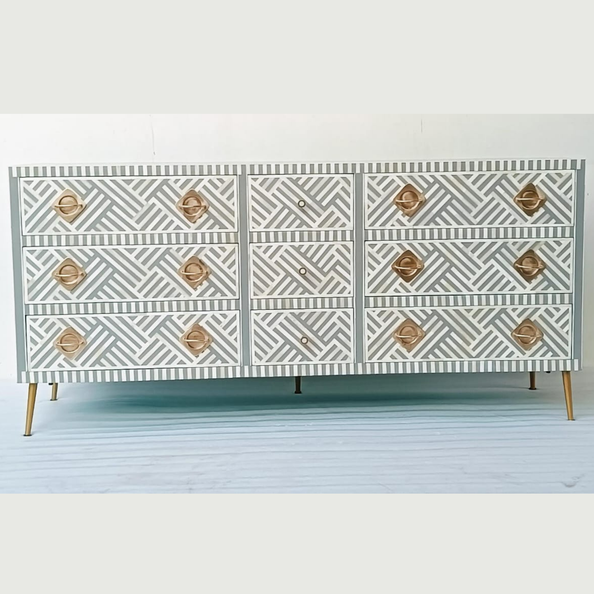 Handmade Grey & White Bone Inlay Dresser – Geometric 9 Drawer Chest with Brass Handles