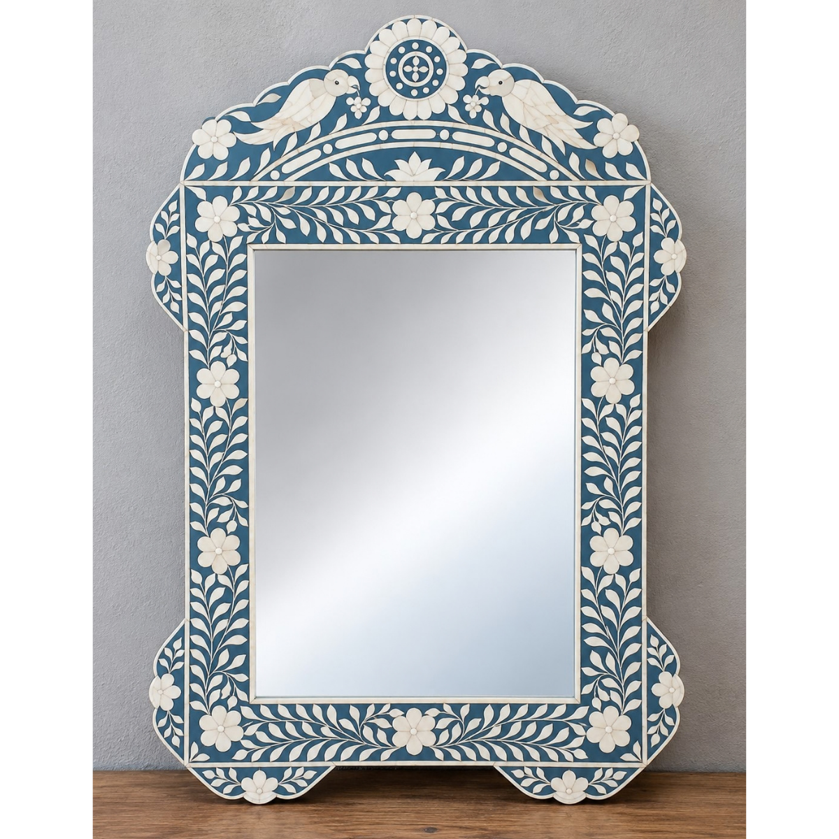 Handmade Blue Bone Inlay Mirror with Birds – Floral Decorative Wall Mirror