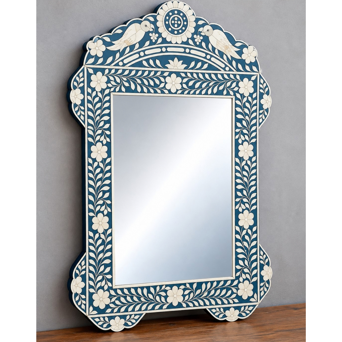 Handmade Blue Bone Inlay Mirror with Birds – Floral Decorative Wall Mirror