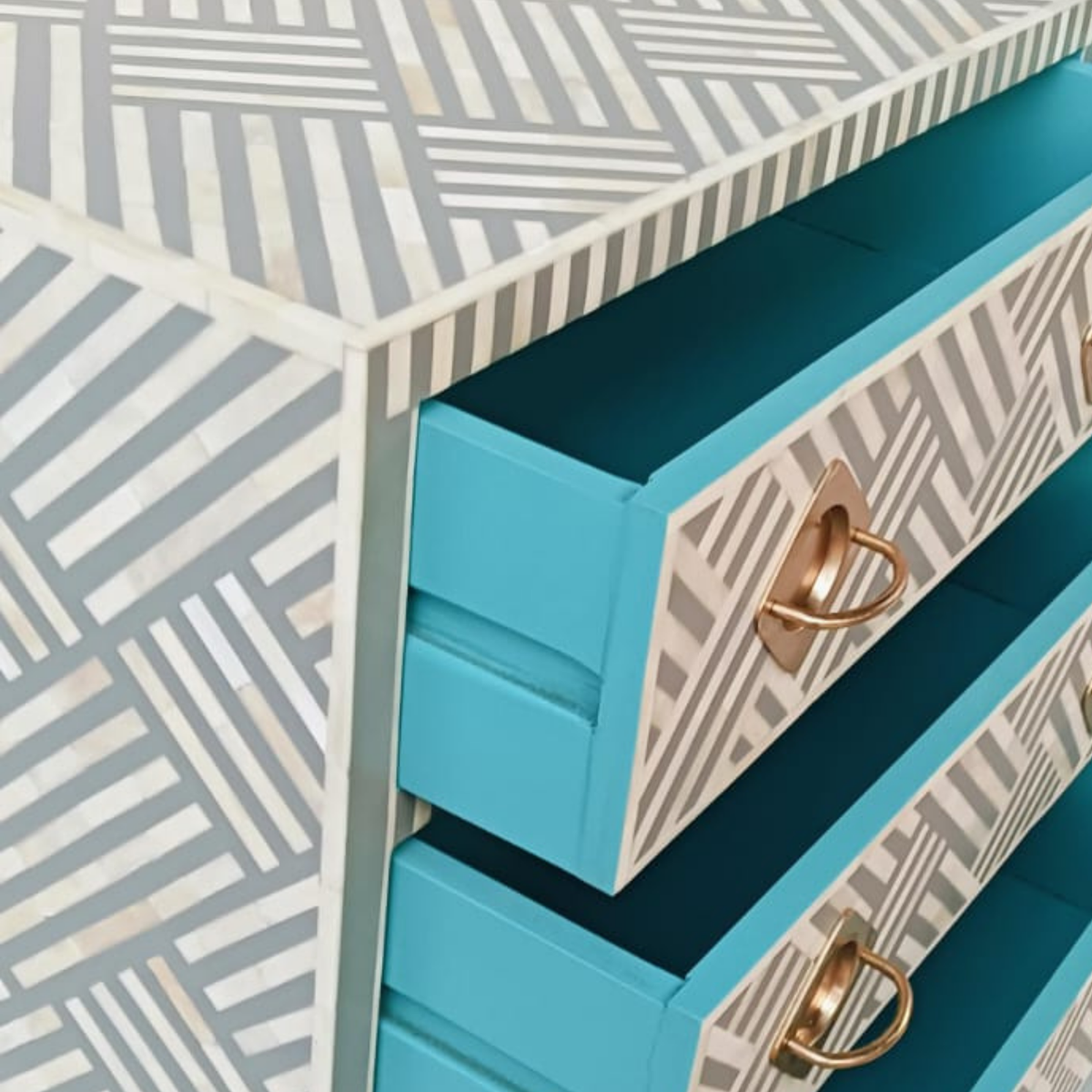 Handmade Grey & White Bone Inlay Dresser – Geometric 9 Drawer Chest with Brass Handles