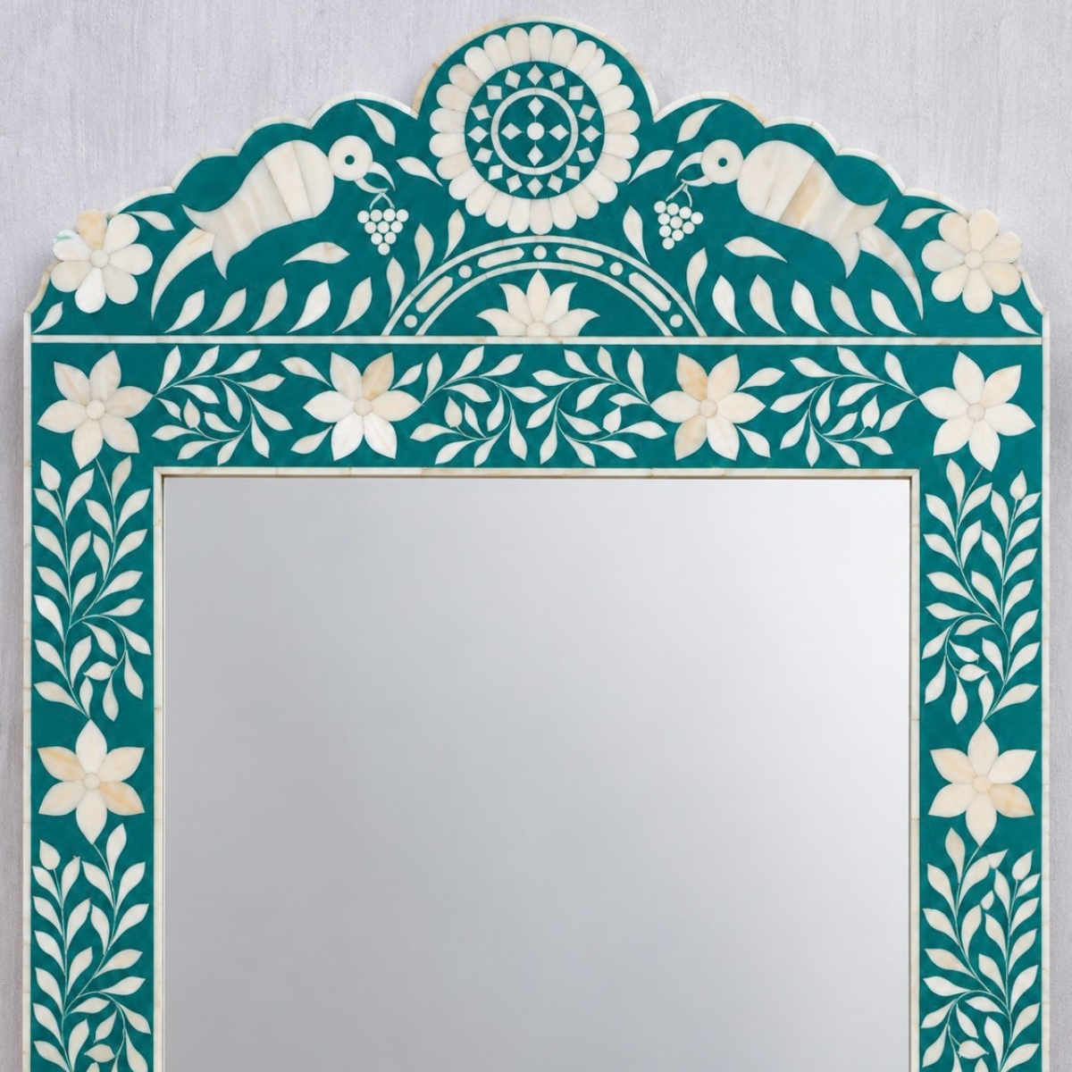 Handmade Teal Floral Bone Inlay Mirror – Bird & Floral Decorative Wall Mirror