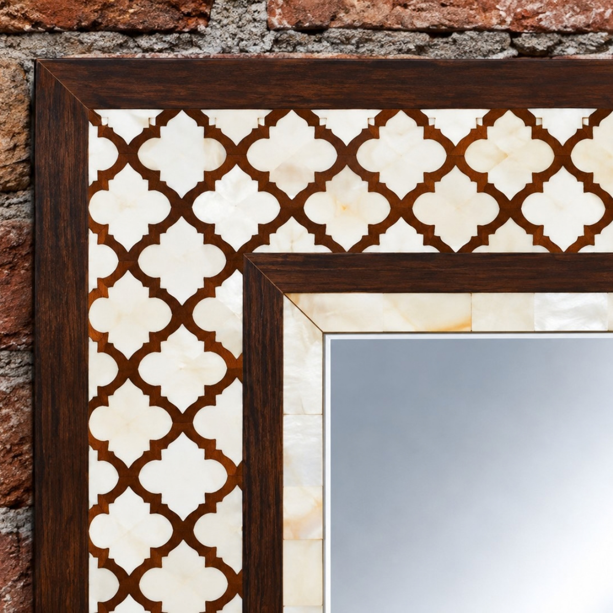 Handmade Brown & Ivory Bone Inlay Mirror – Geometric Moroccan Wall Mirror