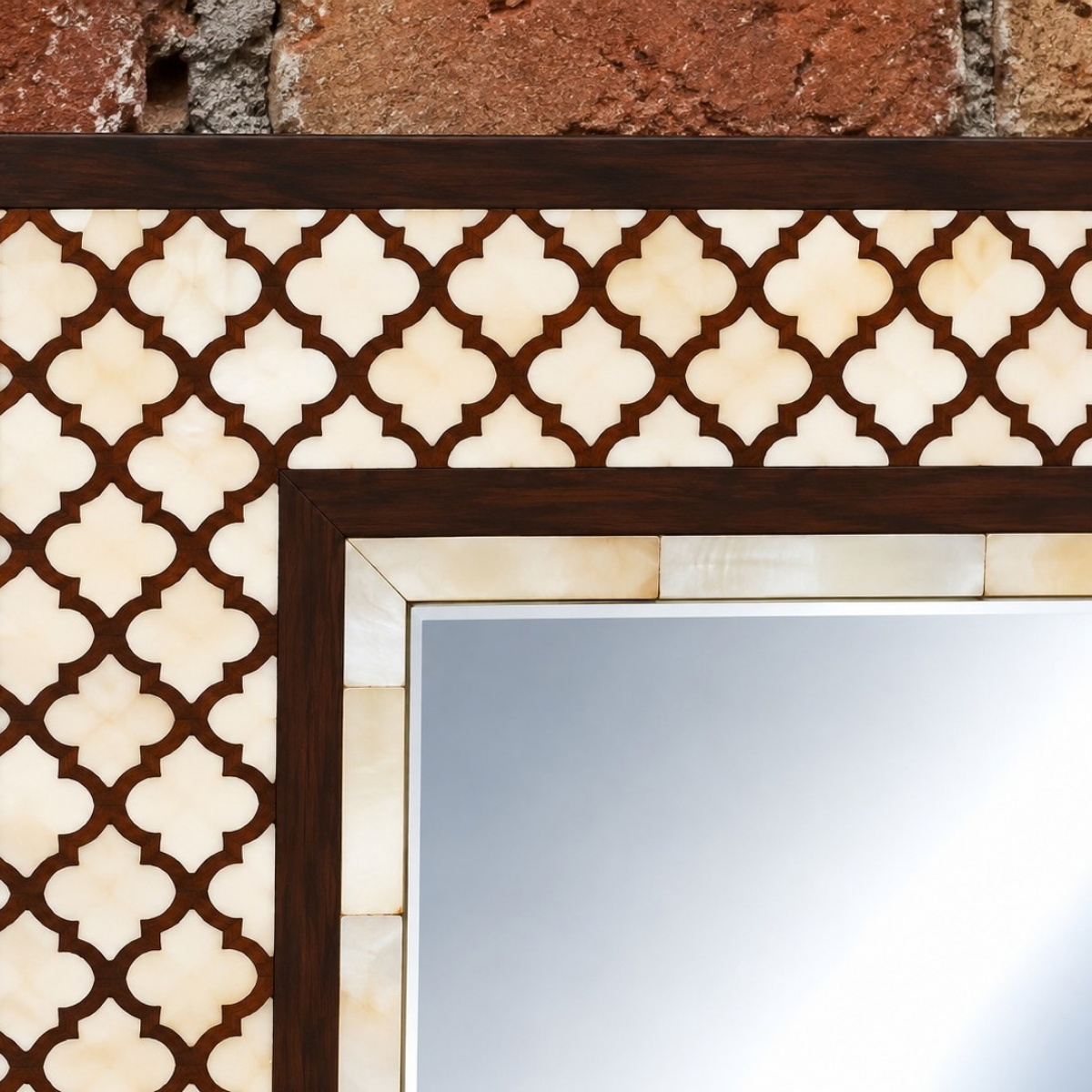 Handmade Brown & Ivory Bone Inlay Mirror – Geometric Moroccan Wall Mirror