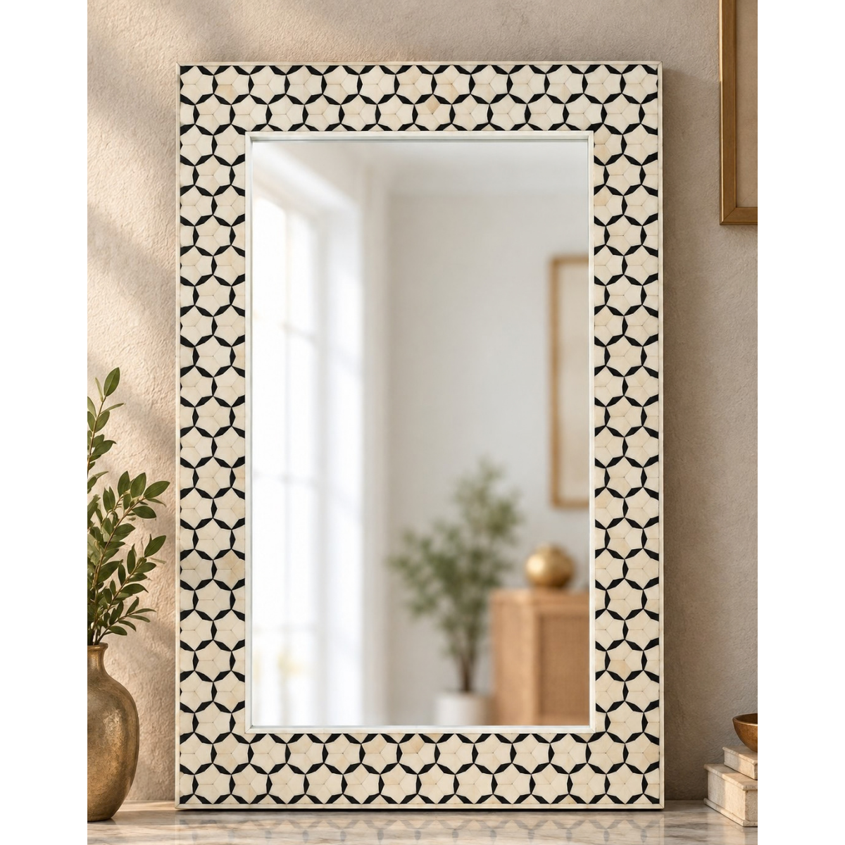 Handmade Black & Ivory Bone Inlay Mirror – Geometric Rectangular Wall Mirror
