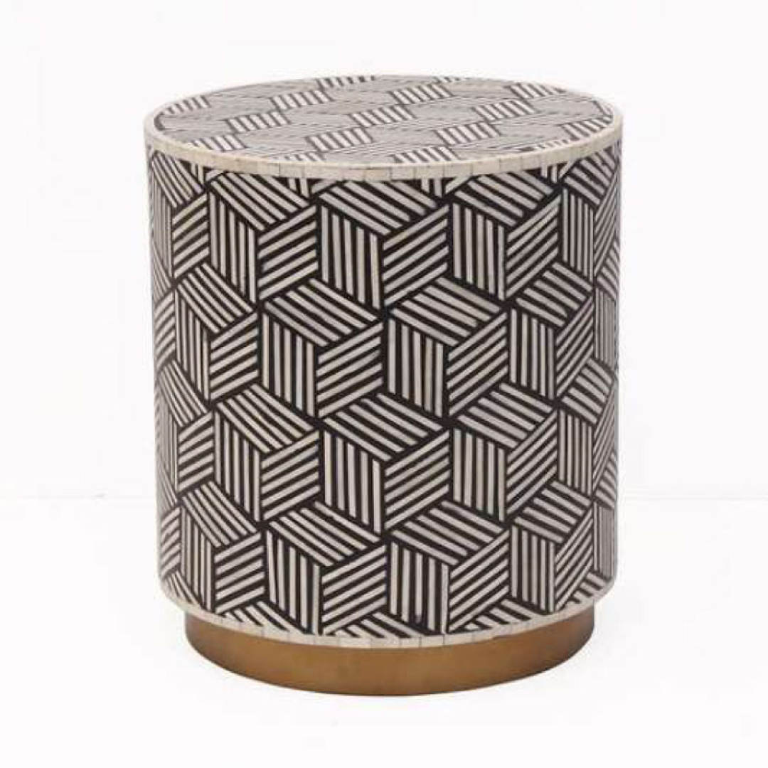 Black White Stripe Bone Inlay End Table Handmade Geometric Cube Pattern Side Table Modern Furniture