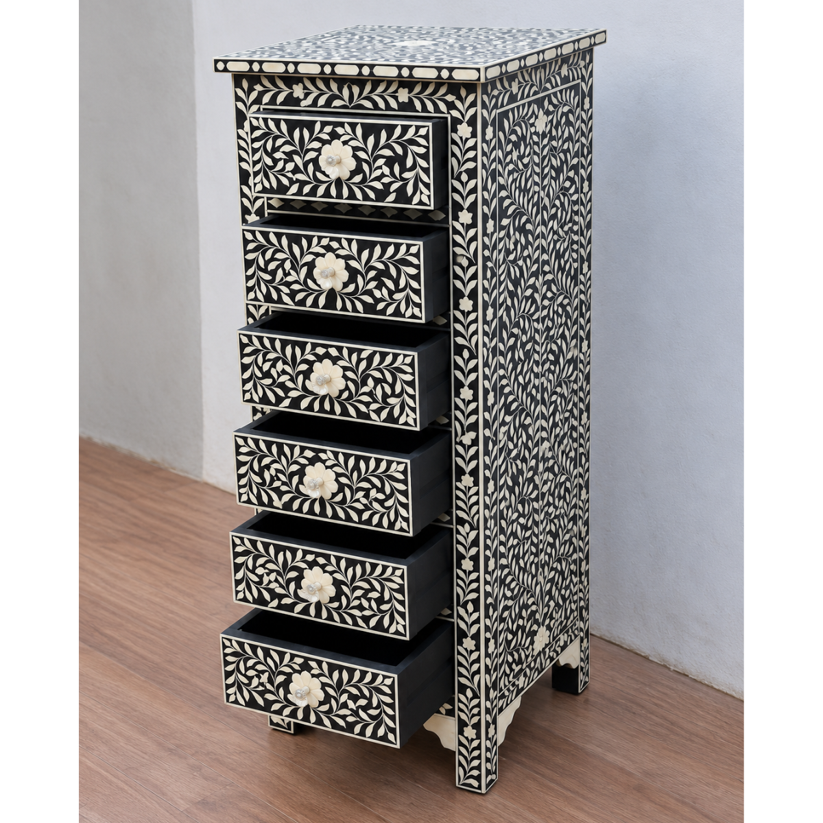 Handmade Black Bone Inlay 6 Drawer Tallboy Chest – Floral Design