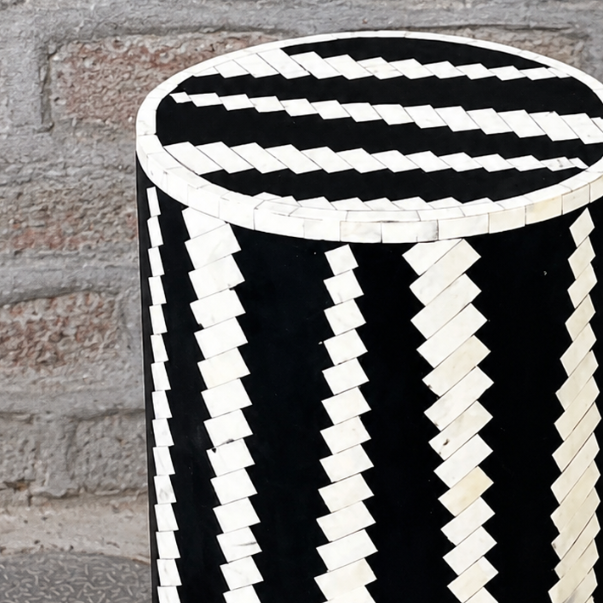 Handmade Black and White Bone Inlay Drum Side Table | Geometric Accent Stool