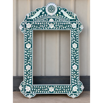 Teal Mother of Pearl Inlay Mirror – Handmade Peacock Floral Wall Mirror