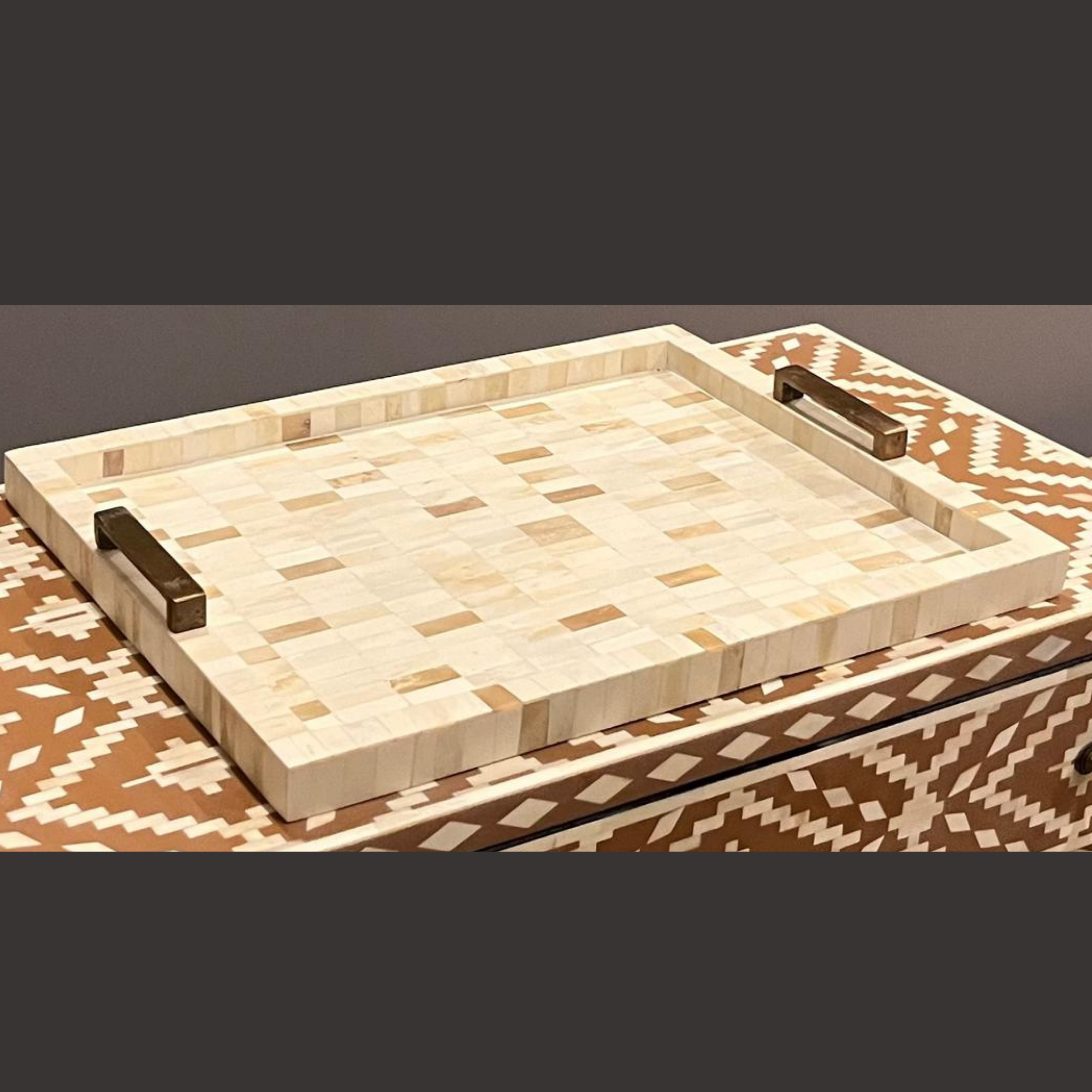 Handmade Natural Bone Inlay Serving Tray with Metal Handles