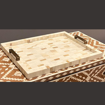Handmade Natural Bone Inlay Serving Tray with Metal Handles