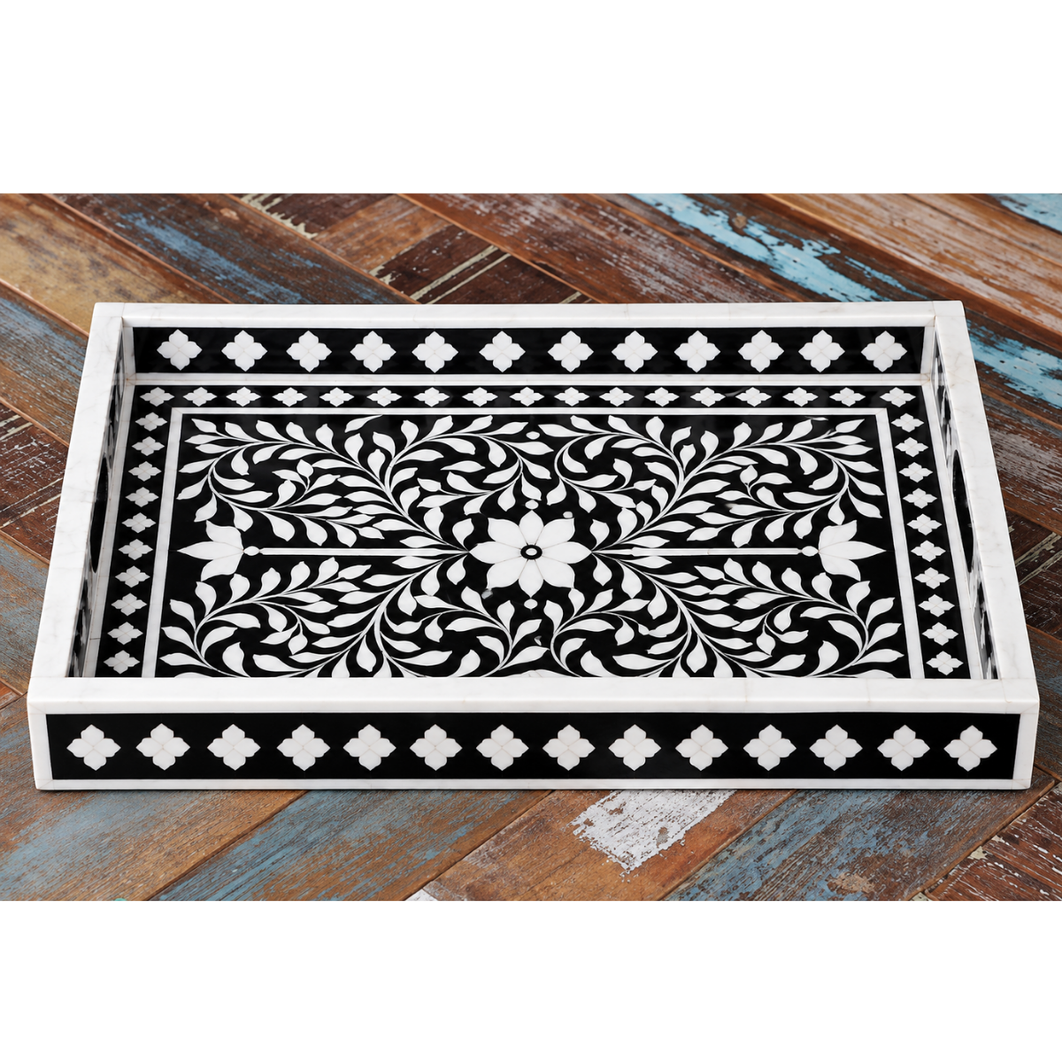 Handmade Black & White Bone Inlay Serving Tray – Floral Design with Handles
