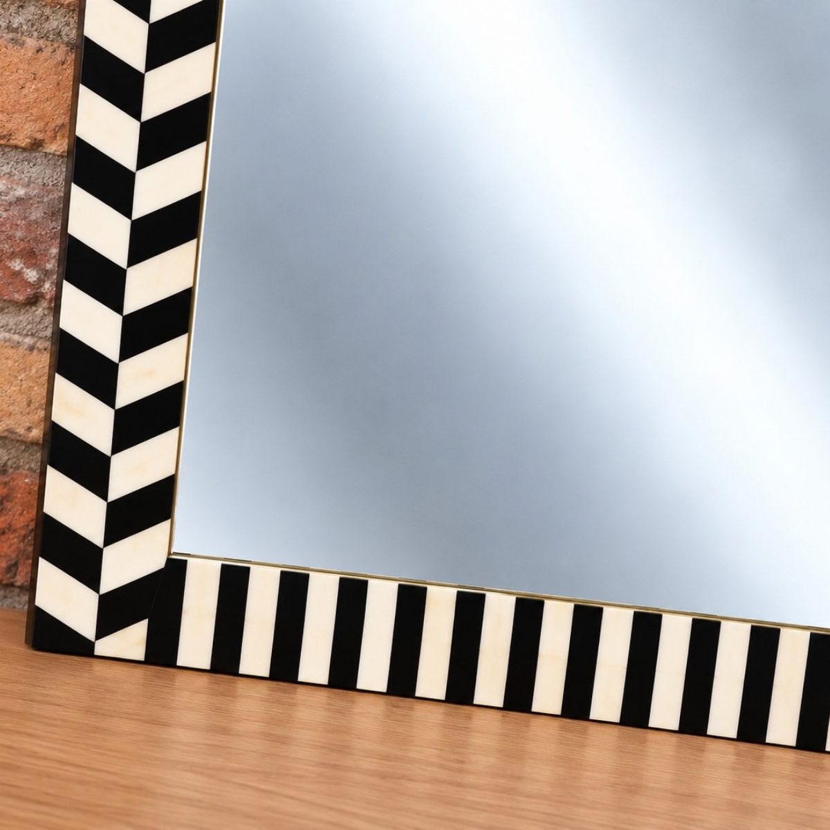 Handmade Black & White Bone Inlay Rectangular Mirror – Chevron & Stripe Design