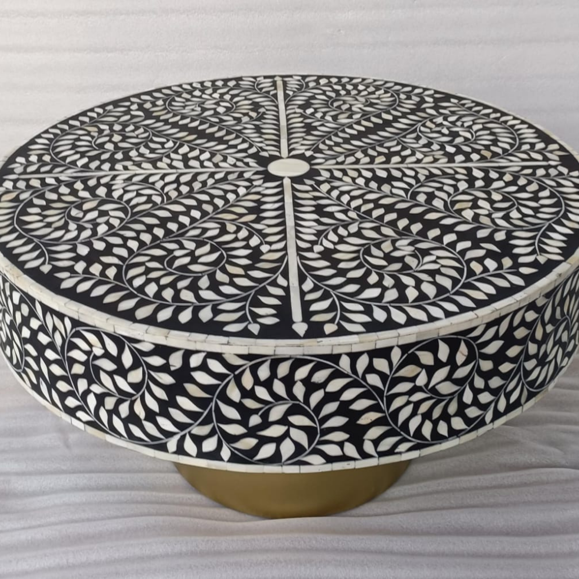 Black Floral Bone Inlay Round Coffee Table | Handmade Luxury Center Table