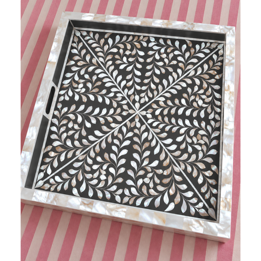 Black Mother of Pearl Inlay Serving Tray – Handmade Floral Rectangular Tray with Handles