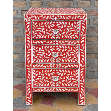 Red Mother of Pearl Inlay Bedside Table – Handmade Floral 3 Drawer Nightstand