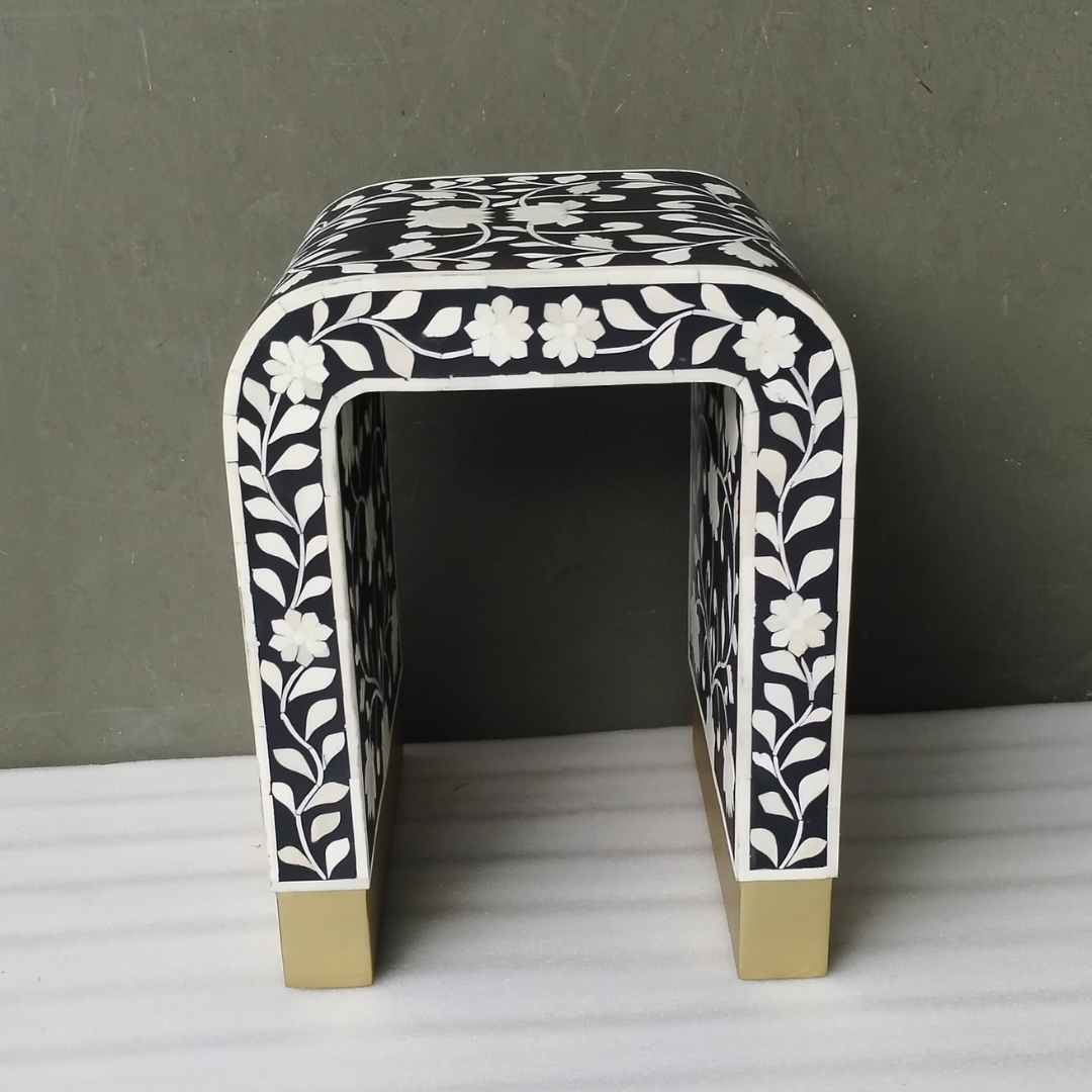 Black Bone Inlay Side Table – Handmade Floral Accent Stool