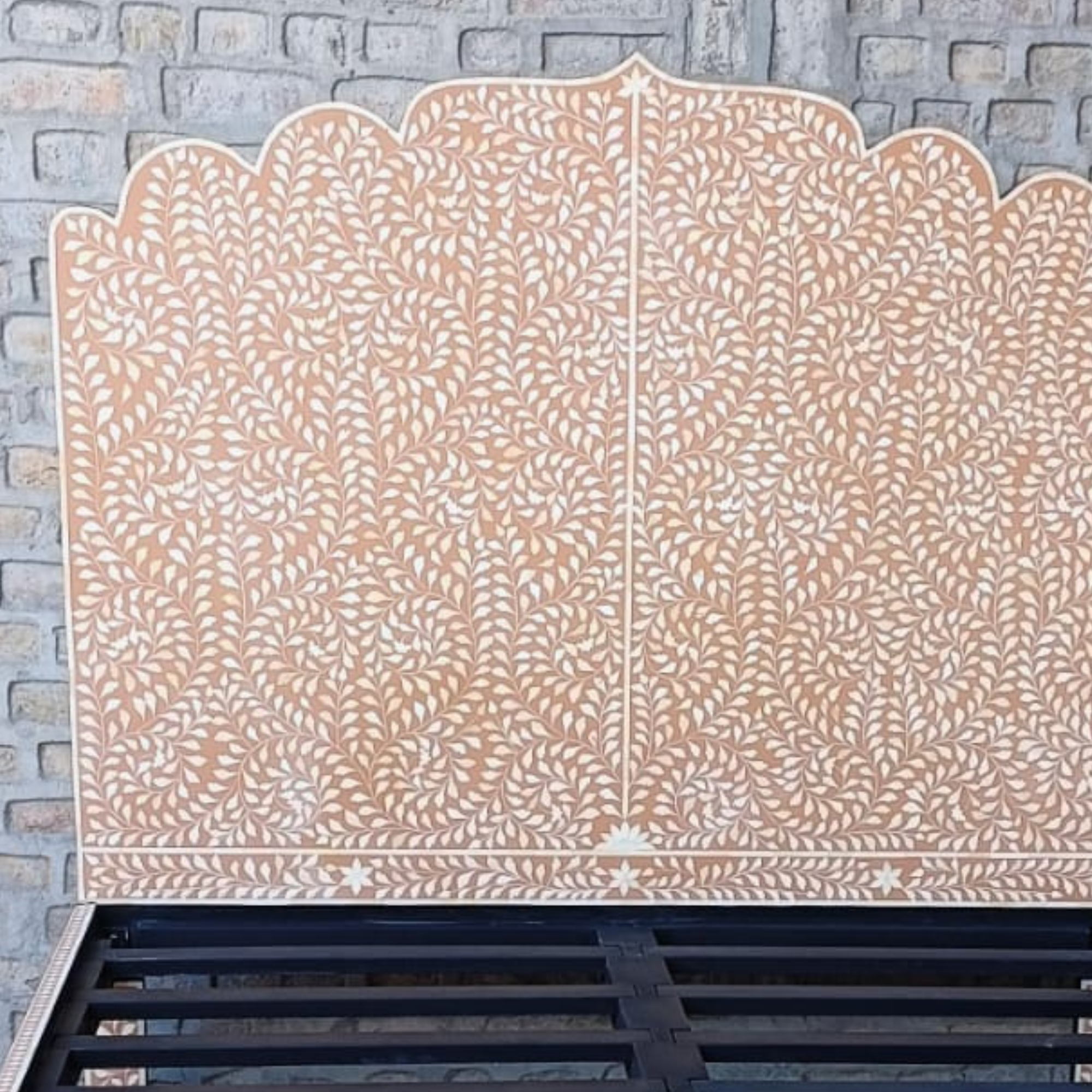Blush Pink Mother of Pearl Inlay Bed – Floral Scalloped Platform Bed Frame