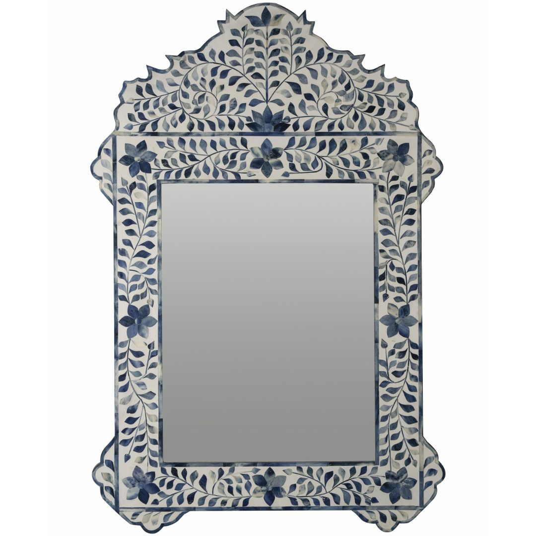 Blue Floral Bone Inlay Mirror Scalloped Arch Handmade Decorative Wall Mirror Luxury Home Decor