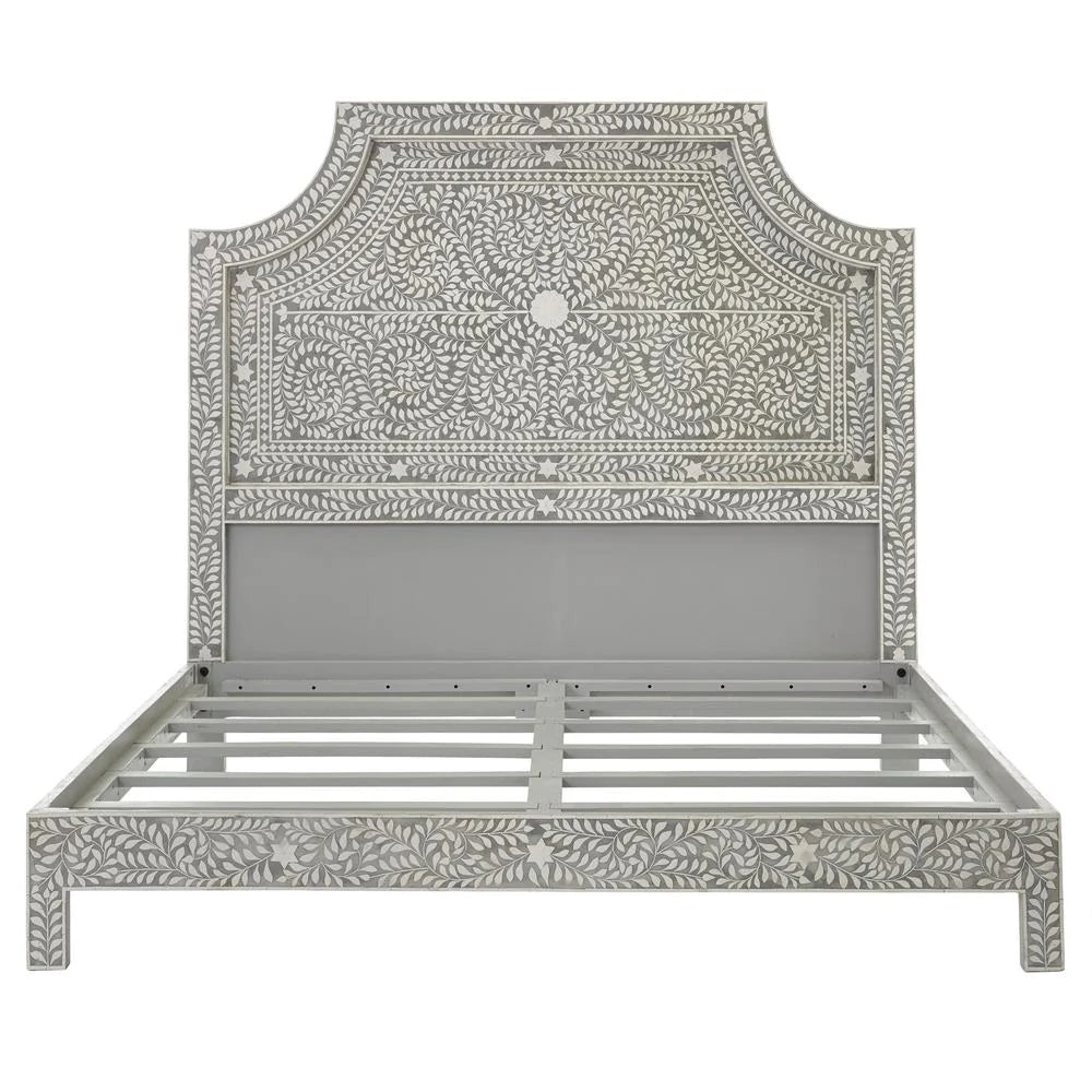 Handmade Grey Bone Inlay Bed Floral Design Luxury Neutral Platform Bed Frame