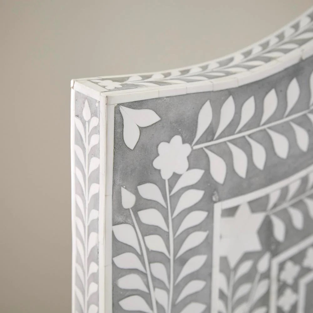 Handmade Grey Bone Inlay Bed Floral Design Luxury Neutral Platform Bed Frame