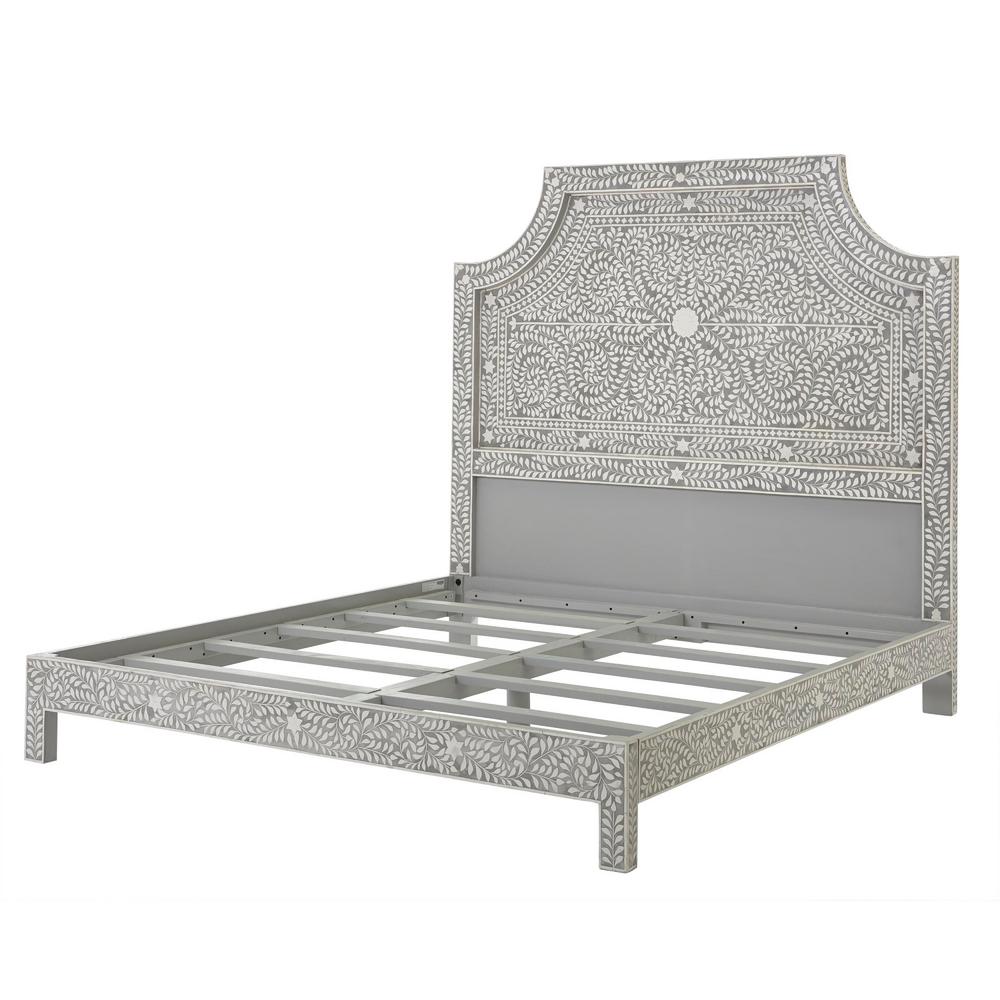 Handmade Grey Bone Inlay Bed Floral Design Luxury Neutral Platform Bed Frame