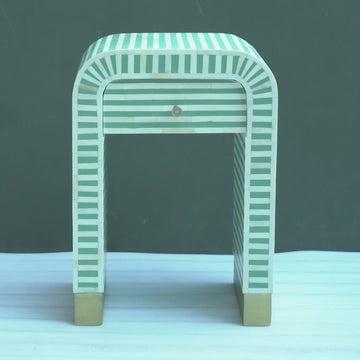 Handmade Bone Inlay Striped Bedside Table Mint Green – Modern Nightstand with Drawer Luxury Furniture
