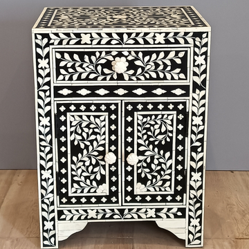 Handmade Bone Inlay Floral Bedside Table with Drawer & Cabinet – Black White Luxury Nightstand Furniture