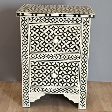 Handmade Bone Inlay Bedside Table with 2 Drawers – Black White Geometric Nightstand, Modern Inlay Furniture, Luxury Bedroom Side Table