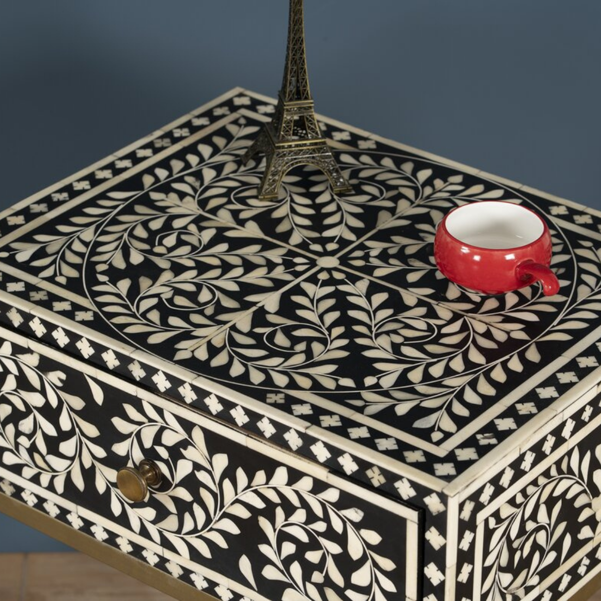 Handmade Bone Inlay Bedside Table with Iron Legs | Black Floral Nightstand