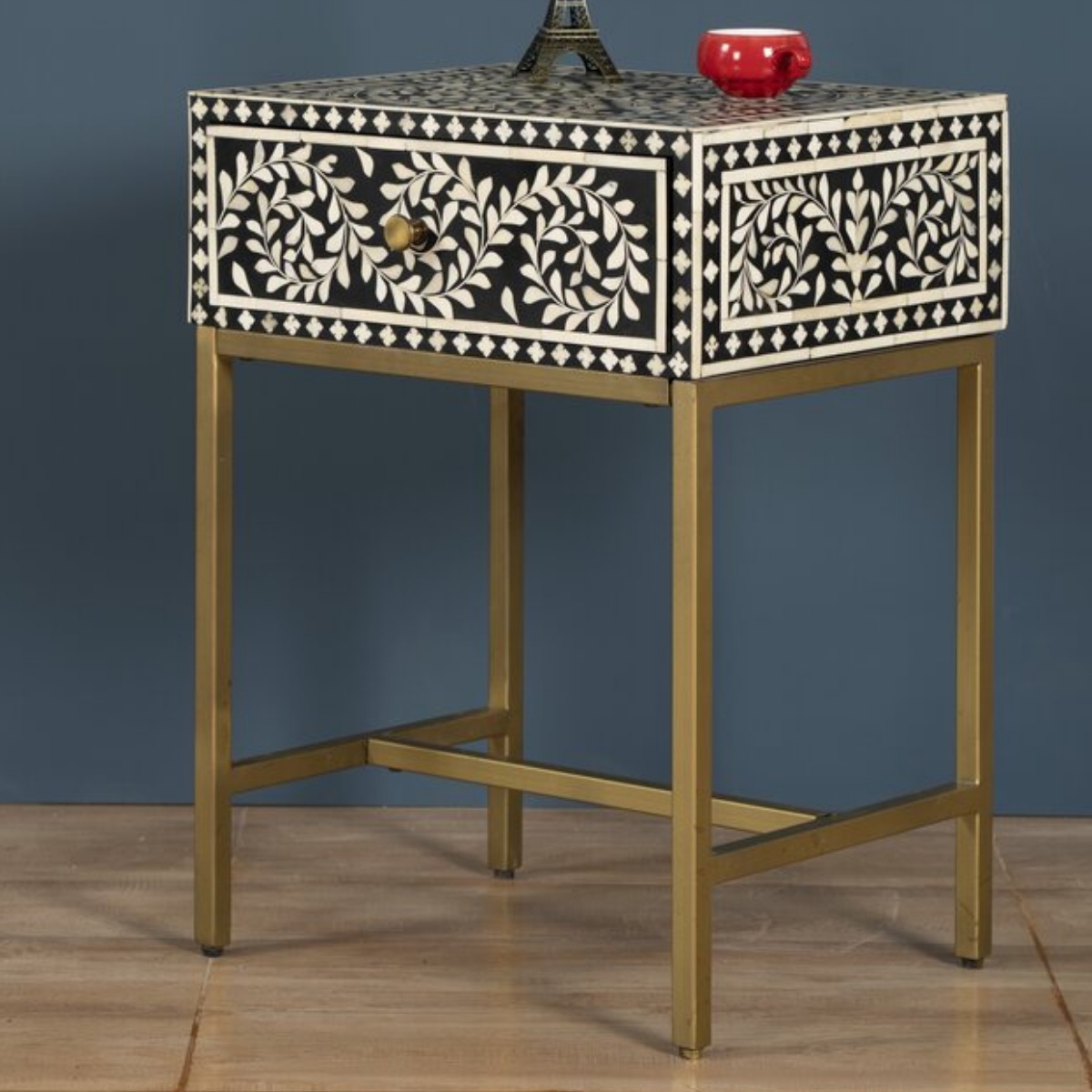 Handmade Bone Inlay Bedside Table with Iron Legs | Black Floral Nightstand