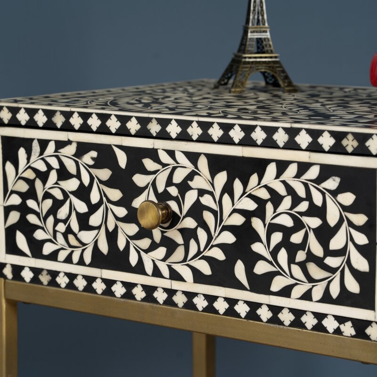 Handmade Bone Inlay Bedside Table with Iron Legs | Black Floral Nightstand
