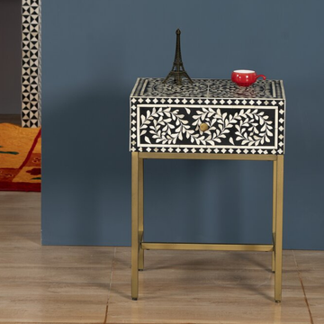 Handmade Bone Inlay Bedside Table with Iron Legs | Black Floral Nightstand