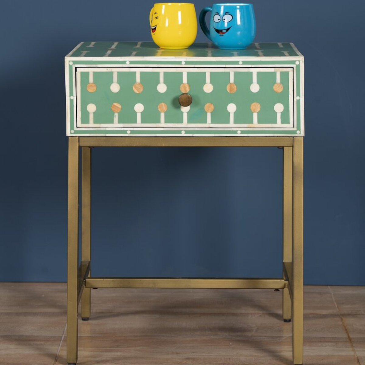 Mint Green Bone Inlay Bedside Table with Iron Legs | Handmade Nightstand