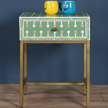 Mint Green Bone Inlay Bedside Table with Iron Legs | Handmade Nightstand